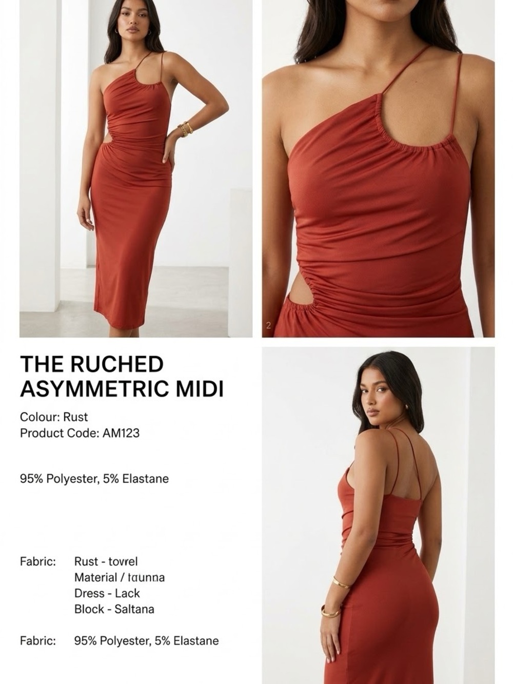 The Ruched Asymmetric Midi Dress - Rust